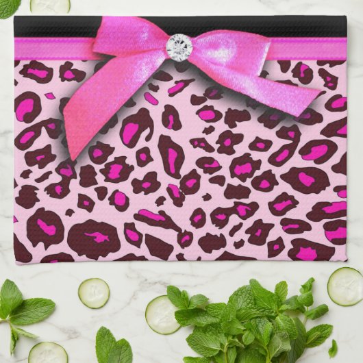 Hot-roze leopard printplaat, lintbogen, grafisch theedoek (Gevouwen)