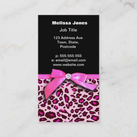 Hot-roze leopard printplaat, lintbogen, grafisch visitekaartje (Voorkant)