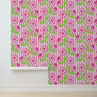 Hot Roze & Limoen Bloemen op Cabana Strepen Behang