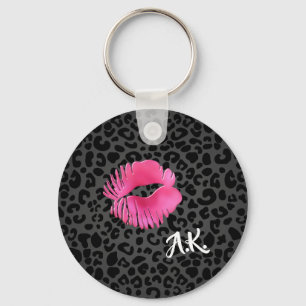 Hot-roze lipgloss - zwarte luipaard met monogram sleutelhanger