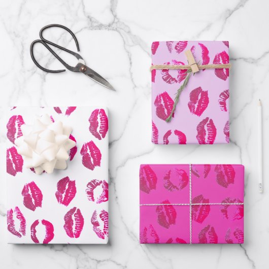 Hot-roze lipstick Kisses Valentijnsdag Inpakpapier Vel (Voorkant)