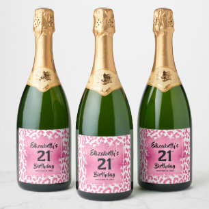 Hot-roze luipaard afdrukken 21ste verjaardag, spec sparkling wijnetiket