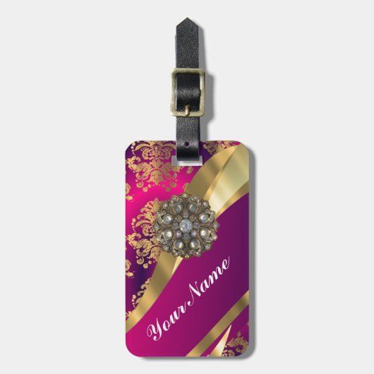 Hot-roze magenta & gouddemask bagagelabel (Voorkant verticaal)
