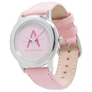 Hot Roze Modern Script Meisjes Monogram Naam Horloge