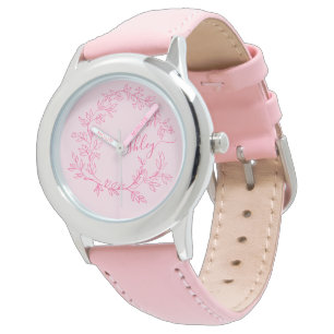 Hot Roze Modern Script Meisjes Monogram Naam Horloge
