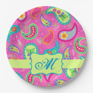 Hot-roze monogram Aangepast Modern Paisley Papieren Bordje