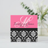 Hot-roze Monogram Damask Weddenschap Kaart (Staand voorkant)
