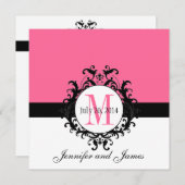 Hot-roze Monogram Damask Weddenschap Kaart (Voorkant / Achterkant)