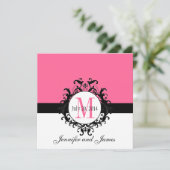 Hot-roze Monogram Damask Weddenschap Kaart (Staand voorkant)