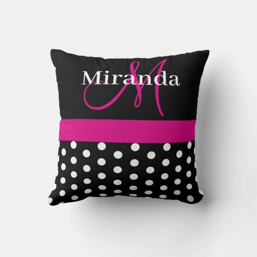 Hot-roze monogram Script Polka Dots Sierkussen (Achterkant)