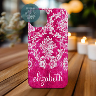Hot-roze Moody Damask Patroon - aangepaste tekst iPhone 15 Pro Case