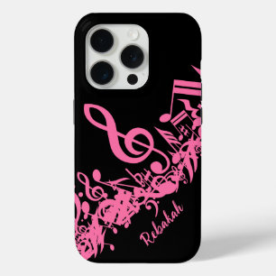 Hot-roze muzieknotities op zwart iPhone 15 pro case