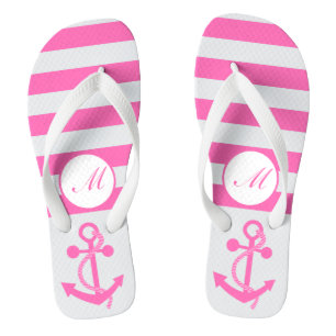 Hot-roze Nautical Anchor met strips en monogram Teenslippers