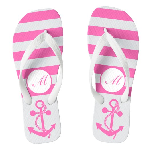 Hot-roze Nautical Anchor met strips en monogram Teenslippers (Voetbed)