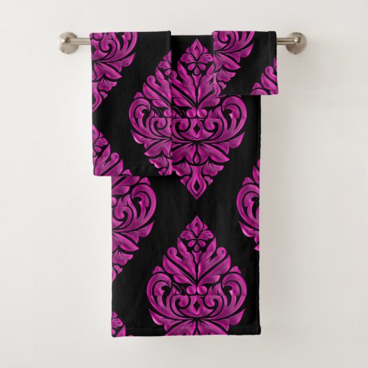 Hot-roze op Black DamaskTowel set Bad Handdoek (Insitu)