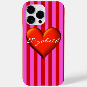 Hot-Roze Rode Stripe Red Metallic Heart Monogram Case-Mate iPhone 14 Pro Max Hoesje