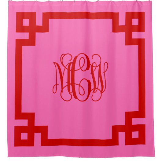 Hot-roze rood vinnen script monogram Griekse sleut Douchegordijn (Voorkant)