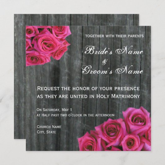 Hot-roze Roos en uitnodiging voor het huwelijk van (Voorkant / Achterkant)