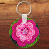 Hot-roze Rosy Flower Green Crochet Print op Sleutelhanger (Voorkant)