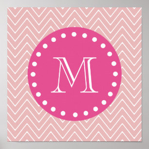 Hot Roze, Roze Chevron   Uw monogram Poster