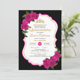 Hot-roze Rozen Black en Gold Elegant Quinceanera Kaart
