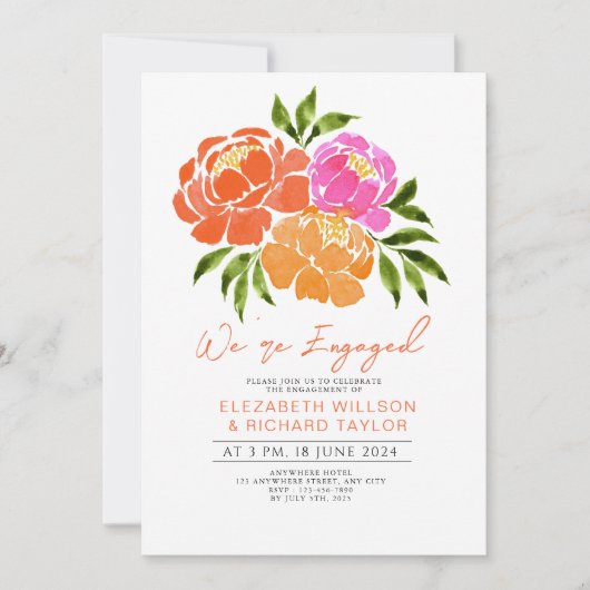 Hot Roze Sinaasappel Bloemen Engagement Party Kaart (Voorkant)