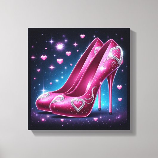 Hot roze stiletto's met diamanten en harten canvas afdruk (Voorkant)