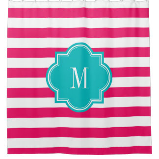 Hot-roze strips met Blauwgroen monogram Douchegordijn