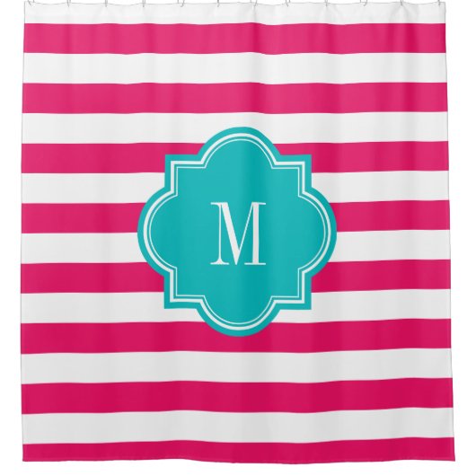 Hot-roze strips met Blauwgroen monogram Douchegordijn (Voorkant)