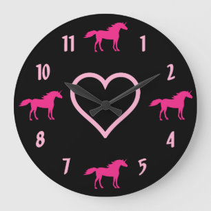 Hot-roze Unicorns en roze hartslag op zwart Grote Klok