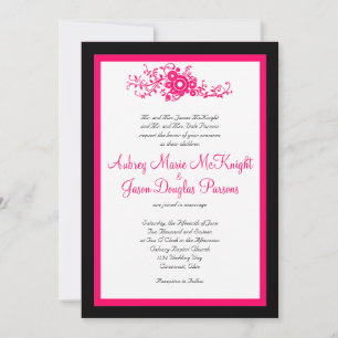 Hot-roze Vlurish Black White Wedding-uitnodigingen Kaart