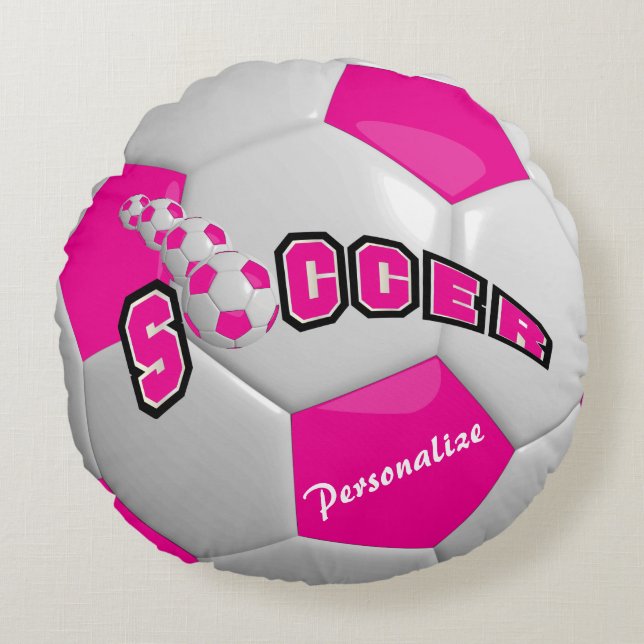 Hot-roze Voetbal | Personaliseren Rond Kussen (Voorkant)