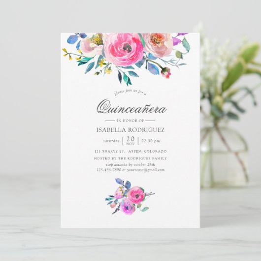 Hot-roze Waterverf Floral Quinceañera Kaart (Staand voorkant)