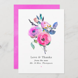 Hot-roze Waterverf Floral Wedding Bedankkaart