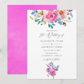 Hot-roze Waterverf Floral Wedding Kaart (Voorkant / Achterkant)