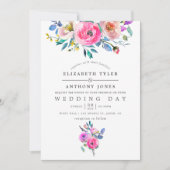 Hot-roze Waterverf Floral Wedding Kaart (Voorkant)