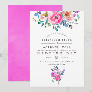 Hot-roze Waterverf Floral Wedding Kaart
