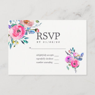Hot-roze Waterverf Floral Wedding RSVP Kaartje