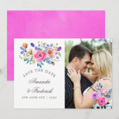 Hot-roze Waterverf Floral Wedding Save the Date (Voorkant / Achterkant)
