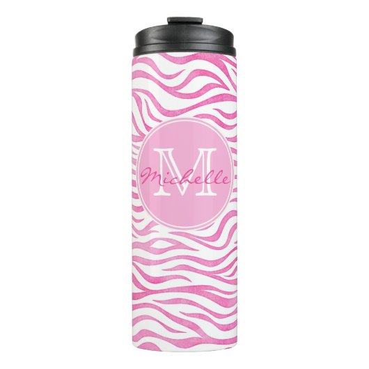 Hot-roze Waterverf Zebra afdrukken | Monogram Thermosbeker (Voorkant)