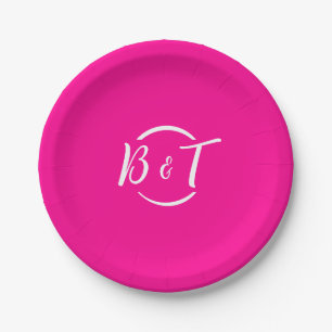 Hot roze wit bruiloft monogram papieren bordje