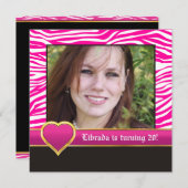 Hot roze, witte zebra & hart 20e verjaardag foto kaart (Voorkant / Achterkant)
