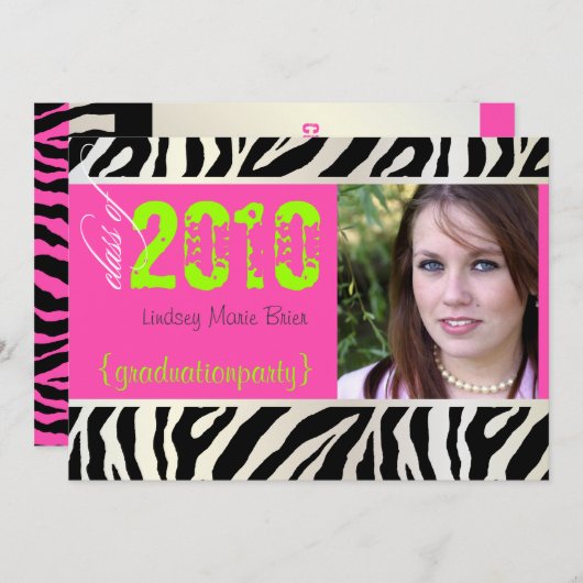 Hot-roze Zebra Afstuderen Fotouitnodiging Kaart (Voorkant / Achterkant)