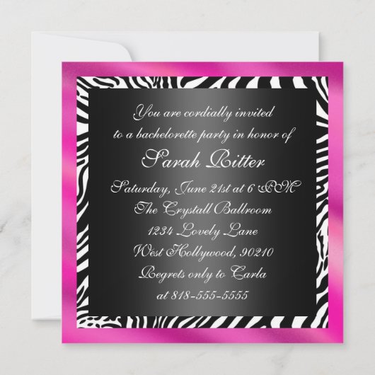 Hot-roze Zebra-bachelorette partijuitnodiging Kaart (Achterkant)