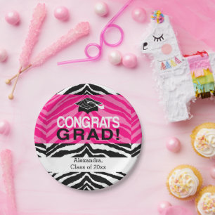 Hot-roze Zebra-grats Girl's Graduation Party Papieren Bordje