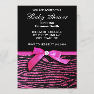 Hot-roze Zebra Print Girl Baby Showuitnodigingen Kaart