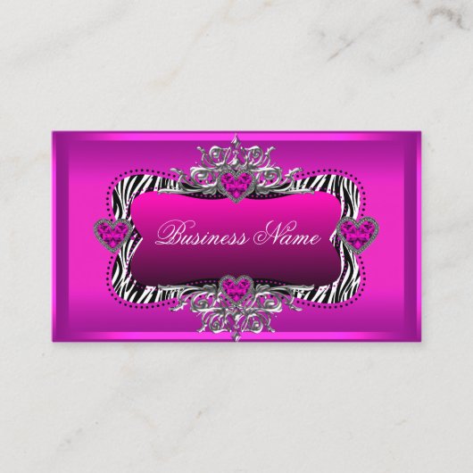 Hot-roze Zebra Silver Diamond Hearts Elegant Visitekaartje (Voorkant)