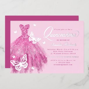 Hot Roze Zilveren Vlinderjurk Quinceanera Folie Uitnodiging