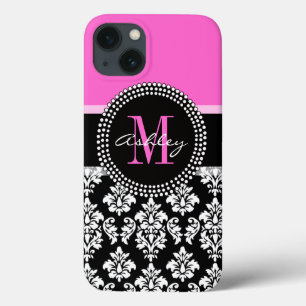 Hot-roze zwart Damask Monogrammed iPhone 13 Hoesje