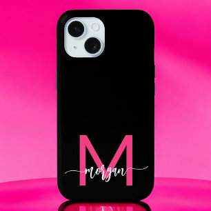 Hot Roze Zwart Modern Script Girly Monogram Naam